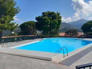a large blue swimming pool with mountains in the background at Les mimosas in Collioure