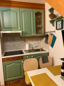摩拉瓦托普利采的住宿－Apartma Trobentica 23，厨房配有绿色橱柜和水槽