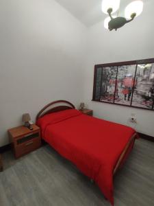 een slaapkamer met een rood bed en een raam bij Tenerife BnB in La Laguna