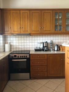 uma cozinha com armários de madeira e um forno com placa de fogão em Skaloma Seafront Loulas house nearby Nafpaktos em Skaloma
