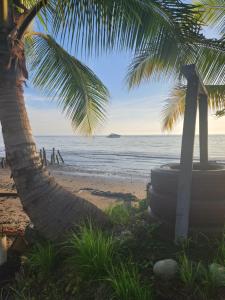 a palm tree and a tire on the beach at Tres Monos Hotel, Restaurante, Piscina, Bar in Limones