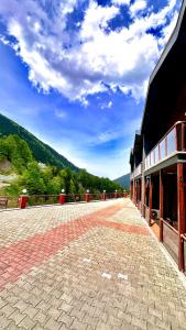 a building with a brick walkway next to a mountain at Green Cinar Apart in Uzungol