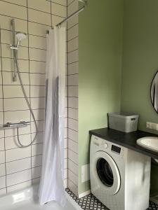 uma casa de banho com uma máquina de lavar roupa e um lavatório em Sisters Beach Apartments em Liepāja