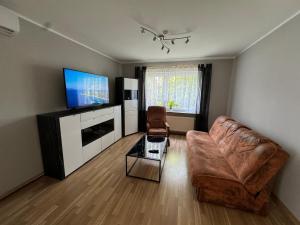 a living room with a couch and a flat screen tv at Haus mit Garten , 5 Zimmer , Grillhaus, Whirlpool in Neumünster