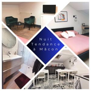 un collage de cuatro fotos de un dormitorio en Logement - Nuit tendance centre ville de Mâcon E en Mâcon
