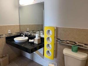La salle de bains est pourvue d'un lavabo, d'un miroir et de toilettes. dans l'établissement Studio 6 Fort Worth, TX - Stockyards East, à Fort Worth