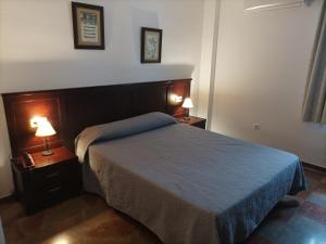 a bedroom with a bed and two lamps on tables at Hostal San Cayetano in Ronda