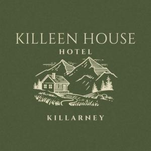 a hotel logo with a house in the mountains at Killeen House Hotel in Killarney