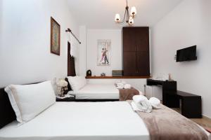 1 dormitorio con 2 camas y TV en Villa ELMAR, en Berat