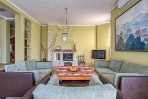 a living room with couches and a table and a fireplace at The view villa in Petrovac na Moru