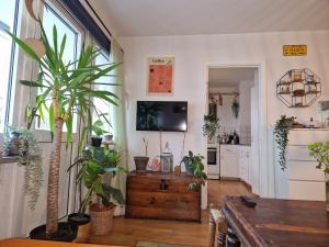 a living room with potted plants and a table at Disponentgata Malmo Apartment in Malmö