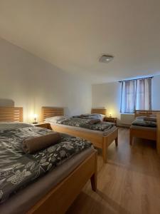 una camera da letto con due letti e una finestra di Apartmán Kameňák a Vimperk