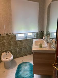 a bathroom with a sink and a toilet and a mirror at CASA DE LA NIÑA,Chalet familiar con gran terraza in Fisterra