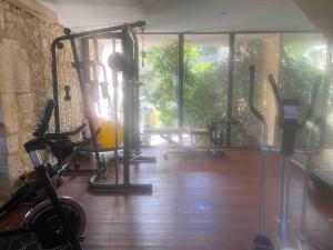 a gym with cardio equipment in a room with a wooden floor at Demeure de Charme La Source in Cestayrols