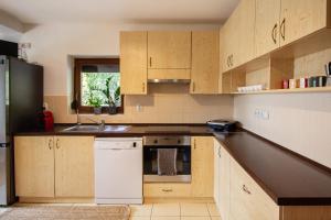 a kitchen with wooden cabinets and a sink and a refrigerator at Dunakavics vendégház stranddal in Zebegény