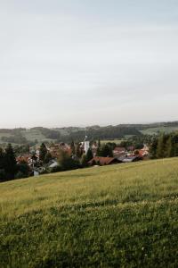 a field of green grass with a town in the background at HEIMATEL - Ferienhaus Blümele in Scheidegg