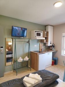 a living room with a kitchen with a microwave at Hotel de la Terrasse in Berck-sur-Mer