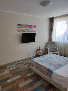 a bedroom with a bed and a flat screen tv at Tomis 99 Apart in Constanţa
