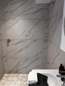 a bathroom with a marble shower with a sink at Aloe Studio in Cape Town