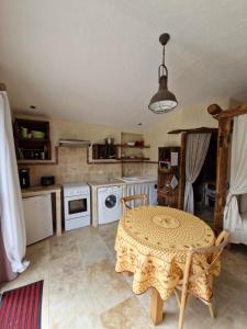 a kitchen with a table and a kitchen with appliances at Studio au cœur du Verdon in La Palud sur Verdon