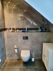 a bathroom with a toilet and a tiled wall at Ferienhaus Seeblick in Wisełka +36 photos