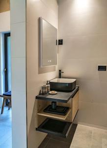 La salle de bains est pourvue d'un lavabo et d'un miroir. dans l'établissement Tető Mátra Nordic Cabin, à Mátraszentimre