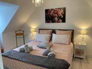 een slaapkamer met een groot bed met kussens bij Chambre d'Hôtes Salamandre in Lanvollon