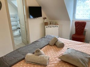 een slaapkamer met een bed met handdoeken erop bij Chambre d'Hôtes Salamandre in Lanvollon