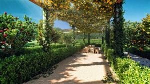 a path in an apple orchard with a bunch of oranges at Mara's Apartments Higueron West - Scandinavian Luxury - Views of the Sea and Natural Landscapes in Fuengirola