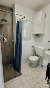 uma casa de banho com um chuveiro, um WC e um lavatório. em Quaint & Tranquil Subiaco 1 Bedroom Apartment em Perth