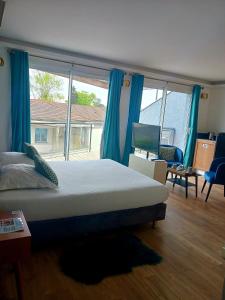 - une chambre avec un lit et une grande fenêtre dans l'établissement Tangara, à Villars-les-Dombes