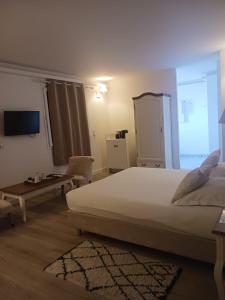 1 dormitorio con cama, mesa y TV en Quetzal, en Villars-les-Dombes