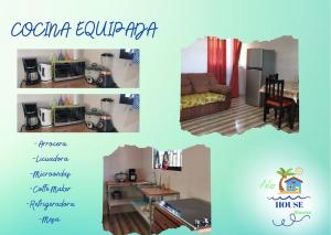 eine Collage mit Bildern eines Wohnzimmers in der Unterkunft Tranquilo, WIFI y cerca de playas, ArLiz House in Guanacaste