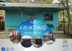 una casa azul con las palabras ms vazquez terapesmetocass en Tranquilo, WIFI y cerca de playas, ArLiz House, en Guanacaste