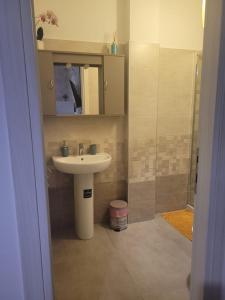 y baño con lavabo y ducha. en Tiny Green apartament in Rome - Magliana en Roma