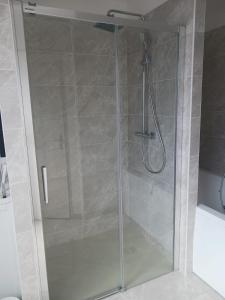 een douche met een glazen deur in de badkamer bij Calao in Villars-les-Dombes