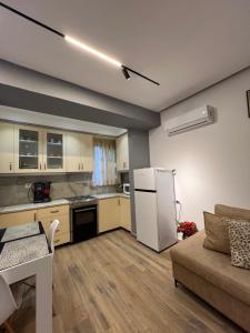 eine Küche und ein Wohnzimmer mit einem Sofa und einem Kühlschrank in der Unterkunft Lovely One-Bedroom Apartment with BBQ-grill! in Sarandë