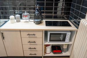 a small kitchen with a counter with a microwave at KONTOYLIS APARTMENT in Kalabaka