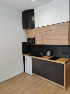 a kitchen with wooden cabinets and a counter top at STUDIO BLUE BIRD PIĘKNA 2 wejście na kod CENTRUM in Pabianice