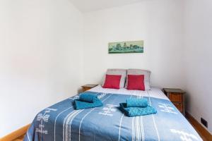 1 dormitorio con 1 cama con almohadas azules y rojas en Bel appartement aux portes de Paris, en Cachan