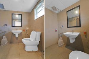Duas fotografias de uma casa de banho com WC e lavatório. em Hotel Stay inn Chennai Airport em Chennai