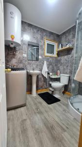 ein Badezimmer mit einem Waschbecken, einem WC und einer Badewanne in der Unterkunft Radio Navarino in Puerto Williams