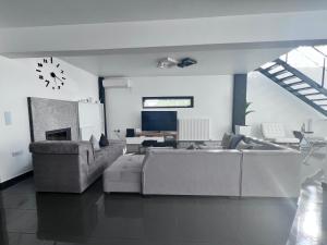 a living room with two couches and a tv at Luxe Two Bedroom Villa by Olivujoj in Anavyssos