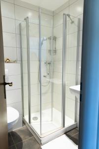 a glass shower in a bathroom with a toilet at Hotel Herres Alte Metzgerei in Leiwen