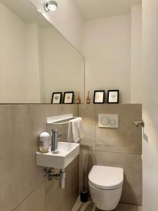 ein Badezimmer mit einem WC, einem Waschbecken und einem Spiegel in der Unterkunft Leo‘s MUNICH Apartment in München