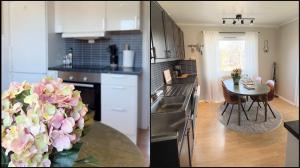 uma cozinha com um balcão e uma mesa com um vaso de flores em House with perfect location in Leknes em Leknes
