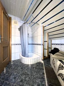 ein Badezimmer mit einer Badewanne und einem Duschvorhang in der Unterkunft Ferienwohnung Aigner in Schellgaden