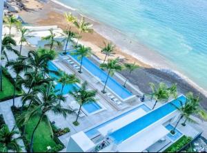 an overhead view of a beach with palm trees and a pool at Harbor 171 in Puerto Vallarta