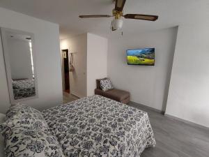 a bedroom with a bed and a ceiling fan at Agata 6 - 24h reception in Benalmádena