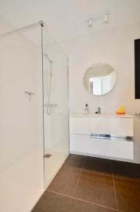 a bathroom with a shower and a sink and a mirror at CASA UMA in Villaverde